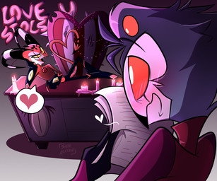 4_eyes anthro balloon beak black_beak blush blush_lines boots bottomwear candle canon_couple chair clothed clothing desk duo eye_contact eyebrows facial_markings feather_hair feathers fingerless_gloves footwear forehead_markings frown furniture gesture gloves glowing_pupils grey_body grey_feathers handwear head_markings heart_symbol holding_object holding_paper horn inflatable inside lit_candle looking_at_another lying male male/male markings multi_eye multicolored_body office office_chair on_side open_mouth open_smile pants paper pose pseudo_hair raised_eyebrow red_body red_eyes red_sclera sharp_teeth shirt shoes smile spade_tail speech_bubble striped_horn striped_markings striped_tail stripes sweater table tail tail_gesture tail_heart tail_markings teeth text tongue topwear turtleneck white_body wide_eyed yellow_sclera yellow_teeth shinaratani hellaverse helluva_boss blitzo_(helluva_boss) stolas_(helluva_boss) avian bird demon demon_humanoid horned_humanoid humanoid imp owl owl_demon 6:5 absurd_res artist_name english_text hi_res watermark