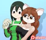 anthro black_eyes black_hair breast_grab breasts brown_eyes brown_hair clothed clothing duo female female/female female_on_anthro hair hand_on_breast human_on_anthro implied_fingering interspecies long_hair offscreen_sex patreon_logo patreon_username smile text alfa995 my_hero_academia patreon asui_tsuyu doe_(alfa995) deer human mammal 2018 2d_animation animated digital_media_(artwork) english_text motion_tweening short_playtime