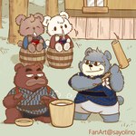 anthro brown_body brown_fur clothed clothing fur group humanoid_hands male outside scar sitting young sayolino kumalino sanrio brew_(kumalino) drip_(kumalino) roast_(kumalino) syrup_(kumalino) bear mammal 1:1 2024