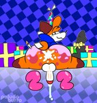 anthro blue_clothing blue_sweater blue_topwear bodily_fluids cake candle clothing cum cum_in_ass cum_inside dessert dildo ejaculation food fur genital_fluids gift half_clothed looking_at_viewer looking_back male number orange_body orange_fur sex_toy solo sweater tail text topwear pelnsfw soups_(superiorfox) canid canine fox mammal digital_media_(artwork) hi_res unavailable_at_source