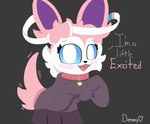 anthro blue_eyes breasts collar excited female fur hair pink_body pink_hair solo speech_bubble surrounded tail tail_motion text white_body white_fur demmy nintendo pokemon eeveelution generation_6_pokemon pokemon_(species) sylveon hi_res