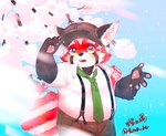 anthro belly braided_hair braided_ponytail clothing fur hair hat headgear headwear male necktie pawpads ponytail red_body red_fur slightly_chubby solo suspenders young ta_me_ba lifewonders tokyo_afterschool_summoners zhurong_(tas) ailurid mammal red_panda hi_res