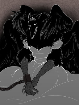 anthro avian_arms beak biped black_body black_feathers claws clothed clothing crossdressing crossdressing_male crown cuff_(restraint) dress feathered_wings feathers finger_claws grin headgear male multi_wing restraints shackled_wrists shackles smile solo wings pandan009 slay_the_princess the_long_quiet_(slay_the_princess) avian 2025 digital_media_(artwork) hi_res