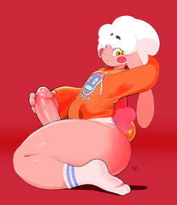 afro anthro big_butt blush bottomless bottomless_anthro bottomless_male butt clothed clothing ear_piercing ear_ring erection femboy footwear foreskin fur genitals hair hand_behind_head hoodie humanoid_genitalia humanoid_penis kneeling looking_at_viewer male orange_eyes partially_clothed partially_retracted_foreskin penis penis_grab piercing pink_body pink_fur raised_arm red_background ring_piercing side_view simple_background smile smiling_at_viewer smirk smirking_at_viewer socks solo tail text thick_thighs topwear translucent translucent_hair white_hair kureto arryn_(kureto) bovid caprine mammal sheep digital_media_(artwork) english_text hi_res