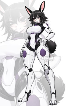 anthro black_eyes black_hair breasts featureless_breasts featureless_crotch female freckles hair hand_on_hip looking_at_viewer machine navel solo white_body hestid lagomorph mammal robot hi_res