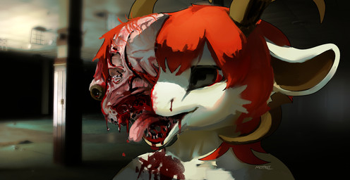 4_horns anthro bisected black_horn blood blood_on_chest bodily_fluids brain cheek_tuft detailed_background facial_tuft fur gore grey_eyes hair horn male male_anthro multi_horn nosebleed open_mouth organs pink_tongue red_hair solo text tongue tuft white_body white_ears white_fur boxwater mythology statera_(boxwater) bovid caprine dragon furred_dragon furred_scalie goat mammal mythological_creature mythological_scalie scalie 2026 artist_name bust_portrait digital_media_(artwork) digital_painting_(artwork) english_description hi_res painting_(artwork) portrait shaded