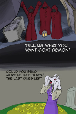 ambiguous_gender anthro cloak clothed clothing delta_rune_(emblem) dialogue female floppy_ears flower fur grass hole_(pit) horn humor lamp lantern mine minecart pillar plant red_eyes robe rock ruins symbol text white_body white_fur yelling antiumbra_(artist) night_in_the_woods undertale undertale_(series) toriel boss_monster_(undertale) bovid caprine mammal 2017 2:3 comic crossover digital_media_(artwork) english_text hi_res