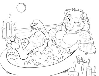 anthro bath bathtub brush bubble bubble_bath candle claws clothed clothing eyebrows fur half-closed_eyes lit_candle male narrowed_eyes paintbrush pawpads paws relaxing smile solo stripes topless rick_griffin felid mammal pantherine tiger 2023 hi_res monochrome signature