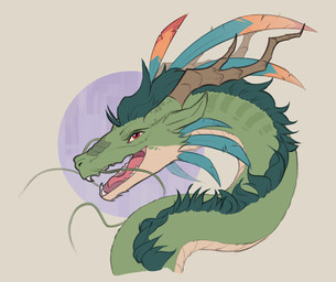 feathers feral fur green_body green_fur green_hair hair horn male red_eyes scales solo whiskers uliovka mythology dragon eastern_dragon mythological_creature mythological_scalie scalie