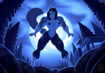 anthro big_breasts bottomwear breasts clothed clothing cloud cloudy_sky denim denim_bottomwear denim_clothing evergreen_tree female fluffy fluffy_tail forest full_moon glowing glowing_eyes green_eyes implied_growth implied_transformation jeans looking_at_viewer low-angle_view moon motorhome muscular muscular_female night pants pine_tree plant recreational_vehicle sky sleeping_bag smile smirk solo tail topless torn_bottomwear torn_clothing torn_jeans torn_pants tree wilderness worm's-eye_view juxtapex mythology canid canine mammal mythological_canine mythological_creature werecanid werecanine werecreature werewolf hi_res