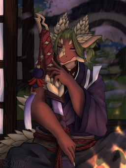 anthro clothed clothing female garden hair katana looking_at_viewer melee_weapon night raining solo sword weapon echros mythology biinh'a_(echros) dragon mythological_creature mythological_scalie scalie hi_res