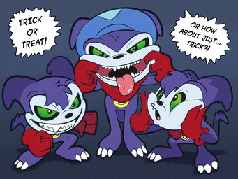 after_transformation bleh claws clothing dialogue gloves group handwear hat headgear headwear holidays implied_transformation kerchief neckerchief neckwear purple_body taunting teasing teeth toe_claws tongue tongue_out transformation trio trevor-fox bandai_namco digimon halloween digimon_(species) imp impmon 4:3