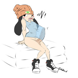 anthro balls beanie bed big_penis black_body black_fur blush blush_stickers bottomless bottomless_anthro bottomless_male clothed clothing erection erection_under_clothing fangs femboy floppy_ears fur furniture genitals hat headgear headwear huge_penis humanoid_genitalia humanoid_penis male on_bed one_eye_closed open_mouth penis sharp_teeth shirt simple_background sitting sitting_on_bed solo speaker tan_body tank_top teeth topwear translucent translucent_clothing vein veiny_penis white_background dullvivid parappa_the_rapper sony_corporation sony_interactive_entertainment parappa canid canine canis domestic_dog mammal hi_res