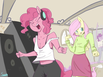anthro anthrofied blue_eyes bottomwear bra breasts clothing dancing electronics feathered_wings feathers female fur group hair headphones pink_body pink_fur pink_hair shirt skirt smile speaker sweater tail topwear turtleneck underwear wings yellow_body yellow_feathers yellow_fur swomswom friendship_is_magic hasbro my_little_pony mythology berry_punch_(mlp) fluttershy_(mlp) pinkie_pie_(mlp) earth_pony equid equine horse mammal mythological_creature mythological_equine pegasus pony 2012 4:3