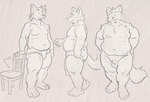 anthro arm_support balls_outline belly belly_overhang biped boxers_(clothing) boxers_only bulge chair clothed clothing detailed_bulge fat_arms feet fur furniture genital_outline grey_background grin love_handles male moobs navel nipples overweight overweight_anthro overweight_male penis_outline simple_background smile solo standing tail thick_thighs topless underwear underwear_only weight_gain raymodule canid mammal unknown_species 2024 absurd_res full-length_portrait greyscale hi_res monochrome portrait sketch_page