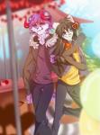 5_fingers anthro black_hair clothed clothing detailed_background duo fingers hair horn male purple_hair smile rikitoka canid canine canis demon domestic_dog mammal hi_res