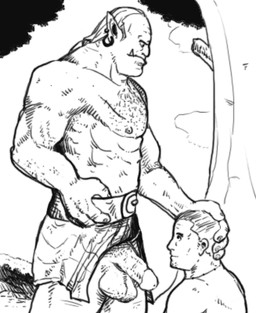 duo genitals half-erect male male/male not_furry penis blooper_(artist) human humanoid mammal orc greyscale low_res monochrome
