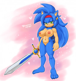 anthro bedroom_eyes big_breasts black_nose blue_body blue_fur breasts female fur green_eyes grin hair holding_melee_weapon holding_object holding_sword holding_weapon kerchief long_hair looking_at_viewer melee_weapon narrowed_eyes navel nipples nude outline red_kerchief seductive simple_background smile solo sword tail tan_body thick_thighs weapon white_background white_outline wide_hips byghosteduard sega sonic_the_hedgehog_(series) fan_character selena_the_popful_hedgehog eulipotyphlan hedgehog mammal hi_res