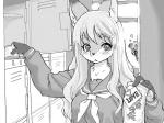 4:3 accessory anthro asian_clothing blush canid canine clothed clothing east_asian_clothing female footwear fox fur greyscale hair hair_accessory hairclip heart_symbol hiding japanese_clothing japanese_school_uniform kemono kikurage locker long_hair love_letter mammal monochrome ribbons school_uniform serafuku shoes uniform window