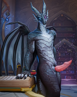 anthro black_body black_scales blue_eyes book bookshelf claws ear_piercing ear_ring furniture genitals heterochromia horn looking_at_viewer male membrane_(anatomy) nude penis piercing pink_eyes ring_piercing scales solo table tail white_body white_scales wings toxik_enzis blizzard_entertainment european_mythology mythology warcraft ridelag_(toxik_enzis) dracthyr dragon mythological_creature mythological_scalie scalie western_dragon 4:5 absurd_res hi_res