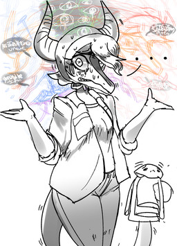 anthro bodily_fluids clothed clothing female gesture hat headgear headwear horn looking_at_viewer puppet schizophrenia shaking shrug simple_background solo sweat trembling white_background rexhastala cavemanon_studios snoot_game schizo_chan_(snoot_game) compsognathid compsognathus dinosaur prehistoric_species reptile scalie theropod hi_res monochrome sketch