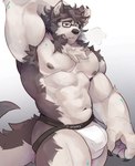 abs anthro armpit_hair armpit_musk barazoku biceps black_claws black_nose blush body_hair brown_body brown_fur bulge butt chest_tuft claws clothed clothing detailed_bulge eyewear fluffy fluffy_ears fluffy_hair fluffy_tail fur hair hand_behind_head jockstrap male muscular muscular_anthro muscular_male musk one_eye_closed simple_background solo tail tuft underwear white_body white_fur makowolf1 orion_(aluminemsiren) canid canine canis domestic_dog mammal absurd_res hi_res