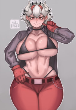 big_breasts bikini bodily_fluids breasts clothed clothing female g-string gloves hair handwear horn huge_breasts looking_at_viewer navel red_eyes skimpy skimpy_bikini skindentation small_waist solo sweat swimwear thick_thighs thong tight_clothing two-piece_swimsuit underwear white_hair wide_hips kelvin_hiu helltaker beelzebub_(helltaker) demon horned_humanoid humanoid absurd_res hi_res