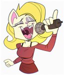 anthro blonde_hair border bra_strap electronics eyes_closed female hair markings microphone mole_(marking) mouth_shot open_mouth simple_background singing uvula white_background white_border lecigzz sherry_(lecigzz) domestic_cat felid feline felis mammal 2024