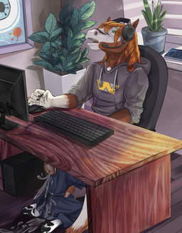 animal_genitalia animal_penis anthro anthro_on_anthro ball_lick balls black_body black_fur blue_eyes bodily_fluids brown_body brown_fur clothed clothing computer countershading crossdressing cum desk duo electronics equine_genitalia equine_penis fur furniture genital_fluids genitals green_eyes headphones humanoid_genitalia humanoid_penis keyboard kneeling licking male male/male oral penis plant saggy_balls sex sweater table tongue tongue_out topwear under_table white_body white_fur marcaneg synx_(synxthelynx) vyktor_dreygo equid equine felid feline horse lynx mammal hi_res