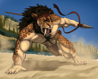 4_toes 5_fingers abs accessory anthro bottomwear brown_hair clothed clothed_anthro clothed_male clothing fangs feet fingers fur hair headband hindpaw humanoid_hands loincloth male markings melee_weapon muscular muscular_anthro muscular_male outside paws pink_nose polearm sabertooth_(anatomy) sand solo spear spots spotted_body spotted_fur tan_body tan_fur teeth toes tongue topless topless_anthro topless_male tribal water weapon liraelwolf bentayga felid mammal prehistoric_species saber-toothed_tiger smilodon hi_res