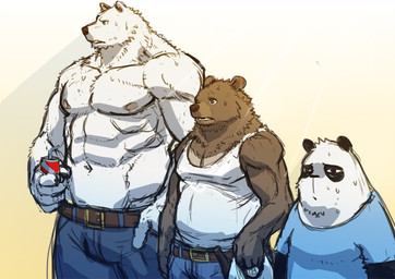 abs anthro belly belt beverage biceps big_muscles blue_eyes bodily_fluids bottomwear brown_body brown_eyes brown_fur clothed clothing denim denim_bottomwear denim_clothing food fur group jeans male muscular nipples pants pecs shirt size_difference slightly_chubby sweat tank_top topless topwear jacketbear cartoon_network we_bare_bears jacketbear_(character) bear brown_bear giant_panda grizzly_bear mammal polar_bear ursine 2014 character_request