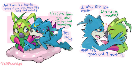 anthro bashful blue_body blue_eyes blush duo green_body male male/male mandibles red_eyes romantic romantic_couple segmented_body smile text pirruwan bandai_namco digimon arthropod digimon_(species) insect scalie veemon wormmon absurd_res english_text hi_res