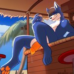 animal_genitalia anthro beach beverage blue_eyes canine_genitalia genitals male palm_tree pawpads paws plant resting solo tree mokamoshi canid canine canis mammal wolf 1:1 absurd_res hi_res