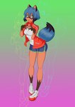 anthro blue_hair bottomwear brown_body brown_fur clothing dipstick_tail facial_markings female footwear fur hair head_markings jacket markings mask mrleechugo shirt shoes shorts socks solo tail tail_markings topwear srlechugo brand_new_animal studio_trigger michiru_kagemori animal_humanoid canid canid_humanoid canine canine_humanoid humanoid mammal mammal_humanoid raccoon_dog tanuki_humanoid absurd_res hi_res