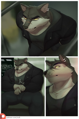 anthro barazoku bench black_bottomwear black_clothing black_jacket black_pants black_topwear bottomwear claws clothing ear_piercing ear_ring eyes_closed facial_scar finger_claws fur green_clothing green_shirt green_topwear grey_body grey_fur hand_on_wrist inside_train jacket lgbt_pride looking_aside male muscular muscular_anthro muscular_male on_bench pants patreon_logo piercing public_transportation rapid_transit ring_piercing scar shirt sitting sitting_on_bench snout snout_scar solo subway text topwear yellow_sclera zcik lgbt_pride_month patreon canid canine canis mammal wolf 2023 comic hi_res url