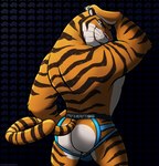 anthro bedroom_eyes bulge butt clothed clothing fur jockstrap jockstrap_only looking_at_viewer looking_back looking_back_at_viewer male narrowed_eyes orange_body orange_fur perineum pose rear_view seductive solo striped_body striped_fur stripes tail text text_on_clothing text_on_jockstrap text_on_underwear topless underwear underwear_only ethancostas disney zootopia tiger_dancer_(zootopia) felid mammal pantherine tiger 2023 absurd_res hi_res pinup