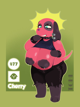 anthro areola big_breasts black_bottomwear black_clothing black_pants black_topwear bottomwear bracelet breasts clothed clothing collar ear_piercing eyelashes facial_piercing featureless_hands female floppy_ears front_view fur green_background green_eyes grey_areola grey_body grey_fur grey_nipples huge_breasts inverted_nipples jewelry lop_ears nipples nose_piercing pants piercing purple_nose raised_clothing raised_topwear red_body red_fur simple_background solo studded_bracelet studded_collar studded_jewelry studs text thick_thighs topwear wide_hips theonehornedimp animal_crossing nintendo cherry_(animal_crossing) canid canine canis domestic_dog mammal absurd_res hi_res