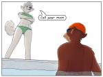 anthro bikini border clothing dialogue eyewear female goggles male speech_bubble swimming swimming_cap swimming_pool swimwear text two-piece_swimsuit water white_border colrblnd duzt measureup bishop_locke oata_rinsky canid canine canis domestic_dog mammal mustelid nordic_sled_dog otter samoyed spitz comic english_text