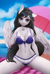 beach bikini bottomwear clothing female navel seaside skirt solo swimwear two-piece_swimsuit umbrella wings frieder1 mythology lamika equid equine mammal mythological_creature mythological_equine pegasus hi_res