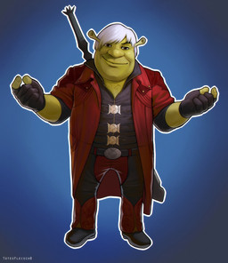 5_fingers belt black_belt black_clothing black_footwear black_gloves black_handwear black_shoes body_hair brown_eyes chest_hair clothing cosplay crossover_cosplay fingerless_gloves fingers footwear gloves gradient_background green_body green_skin hair handwear jacket loafers looking_at_viewer male melee_weapon red_clothing red_jacket red_topwear short_hair simple_background smile smirk solo standing sword sword_on_back topwear weapon white_hair totesfleisch8 capcom devil_may_cry dreamworks shrek_(series) dante_(dmc) shrek_(character) humanoid ogre 2025 crossover digital_drawing_(artwork) digital_media_(artwork) english_description full-length_portrait hi_res portrait signature