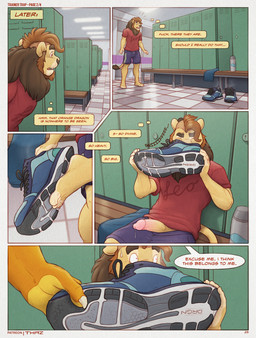 anthro barefoot bench black_clothing blue_bottomwear blue_clothing blue_footwear blush bodily_fluids border bottomwear brown_hair claws clothed clothing dialogue dripping duo erection feet foot_fetish footwear fur genital_fluids genitals glans hair humanoid_genitalia humanoid_penis inside locker locker_room male male/male male_anthro mane muscular muscular_male musk number orange_body penis penis_poking_out pink_penis plantigrade precum precum_drip red_clothing red_topwear shirt shoe_sniffing shoes shorts sitting sneakers sniffing sniffing_clothes solo_focus sound_effects speech_bubble surprised sweat sweatdrop tail tan_body text thinking thought_bubble toes topwear yellow_body yellow_penis thaz_(artist) thaz_(character) felid lion mammal pantherine comic english_text hi_res