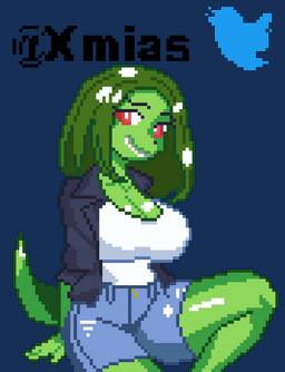 anthro big_breasts blue_bottomwear blue_clothing blue_shorts bottomwear breasts clothing female flashing flashing_breasts green_body green_skin jacket nipples peeking_nipple shirt shorts solo tail topwear white_clothing white_shirt white_topwear xmias su lizard reptile scalie animated animated_gif digital_media_(artwork) pixel_(artwork) pixel_animation short_playtime