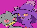 ambiguous_gender duo feral grey_body looking_at_viewer purple_background purple_body red_eyes simple_background yellow_sclera zipper zipper_mouth savy_(artist) nintendo pokemon banette generation_3_pokemon generation_4_pokemon mismagius pokemon_(species) 2022 4:3 digital_drawing_(artwork) digital_media_(artwork) firealpaca_(artwork) flat_colors hi_res