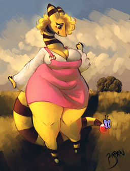 anthro belly big_breasts blonde_hair breasts butterfly_on_tail cleavage clothed clothing cloud detailed_background eyelashes female field grass hair navel_outline overall_dress pink_clothing plant red_eyes slightly_chubby slightly_chubby_anthro slightly_chubby_female smile solo thick_thighs white_clothing baranarts nintendo pokemon ampharos arthropod butterfly generation_2_pokemon insect lepidopteran pokemon_(species) hi_res
