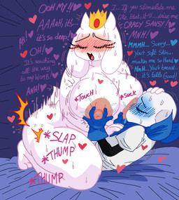 alternate_universe anthro big_breasts blush bodily_fluids bone breast_play breast_suck breasts crown duo female headgear male male/female nipples nude penetration sex skeleton sucking sweat text thick_thighs vaginal vaginal_penetration teddynours underswap undertale_(series) sans_(undertale) toriel boss_monster_(undertale) bovid caprine goat mammal absurd_res english_text hi_res