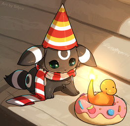 ambiguous_gender candle chibi clothing dessert doughnut feral food furniture hat headgear headwear party_hat pastry scarf sofa blitzdrachin conditional_dnp nintendo pokemon fan_character sky_(umbry_sky) canid charmander eeveelution generation_1_pokemon generation_2_pokemon mammal pokemon_(species) umbreon 2022 absurd_res hi_res