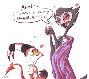 anthro beak black_horn black_text clothed clothing dialogue duo feathers heart_symbol horn larger_anthro open_mouth red_eyes red_tail shirt size_difference smaller_humanoid speech_bubble tail text tongue topwear white_horn adam_clowery hellaverse helluva_boss blitzo_(helluva_boss) stolas_(helluva_boss) avian bird humanoid imp owl owl_demon absurd_res english_text hi_res