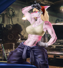 anthro athletic athletic_anthro athletic_female biped blonde_hair blue_eyes bone_frill bottomwear bra breasts clothing detailed_background dirty dirty_clothing female fingers frill_(anatomy) front_view gloves greasy grey_bottomwear grey_bra grey_clothing grey_pants grey_underwear hair hand_on_hip handwear holding_object holding_tool holding_wrench humanoid_hands long_hair mechanic medium_breasts midriff motor_vehicle navel non-mammal_breasts non-mammal_navel pants photo_background pose smile solo sports_bra stained_clothing standing tools underwear wiping_forehead working wrench tdraw cavemanon_studios i_wani_hug_that_gator mia_moretti dinosaur hadrosaurid ornithischian ornithopod parasaurolophus prehistoric_species reptile scalie absurd_res colored hi_res mixed_media photography_(artwork) portrait shaded three-quarter_portrait