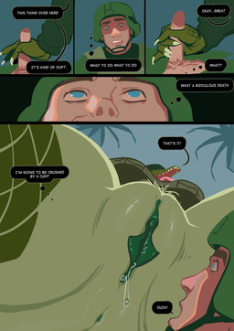 anthro armor blue_eyes body_armor bottomless breasts claws clothed clothing dialogue dominant dominant_female duo female foreskin genitals green_body green_scales human_on_anthro imminent_facesitting interspecies larger_female male male/female penis pubes questionable_consent scales sharp_teeth size_difference smaller_male teeth text smolevn guy_randoms sgt._bertha_gator crocodile crocodilian human mammal reptile scalie comic english_text hi_res