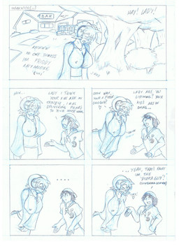 breasts clothing duo female horn male outside shirt text topwear ndnode animal_humanoid bovid bovid_humanoid caprine caprine_humanoid goat_humanoid human humanoid mammal mammal_humanoid 2010 comic english_text hi_res traditional_media_(artwork)